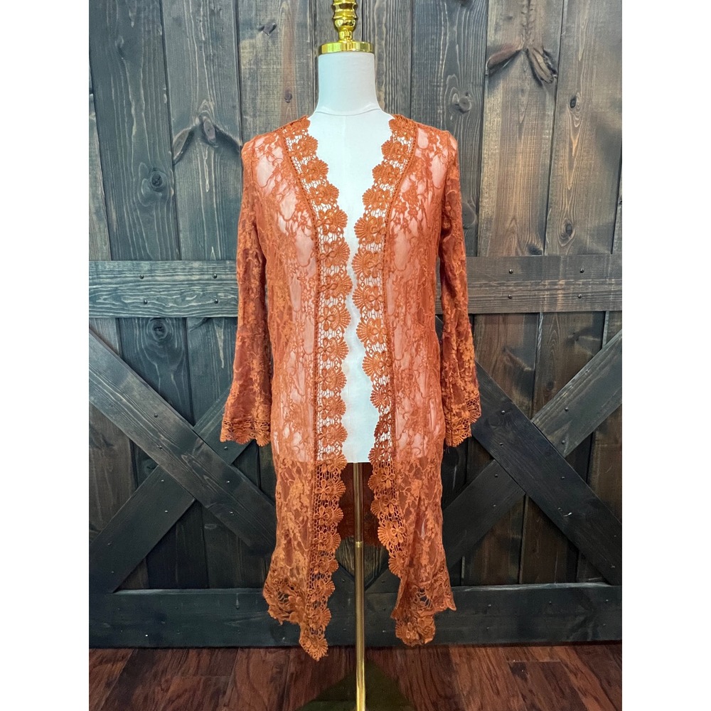 Full Circle Trends Rust Orange Sheer Lace Duster Cardigan S Bell Sleeves Boho